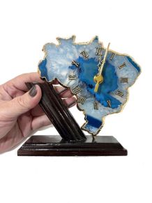 Relógio - Agata Azul - Mapa Brasil com borda Banhada a Ouro - ID:5518